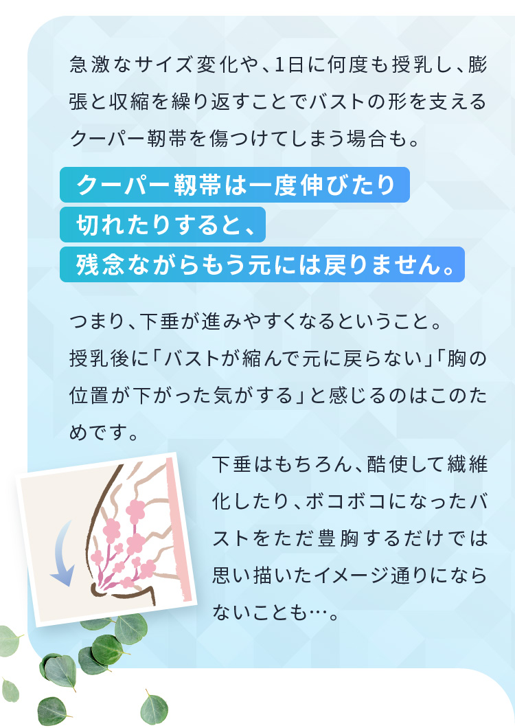 急激なサイズ変化や、1日に何度も授乳し、膨張と収縮を繰り返すことでバストの形を支えるクーパー靭帯を傷つけてしまう場合も。クーパー靱帯は一度伸びたり切れたりすると、残念ながらもう元には戻りません。