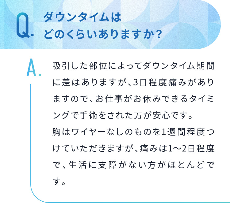 Q.ダウンタイムはどのくらいありますか？A.吸引した部位によってダウンタイム期間に差はありますが、3日程度痛みがありますので、お仕事がお休みできるタイミングで手術をされた方が安心です。胸はワイヤーなしのものを1週間程度つけていただきますが、痛みは1〜2日程度で、生活に支障がない方がほとんどです。