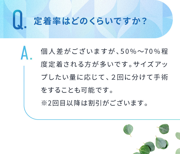 Q.定着率はどのくらいですか？A.個人差がございますが、50%〜70%程度定着される方が多いです。サイズアップしたい量に応じて、２回に分けて手術をすることも可能です。※2回目以降は割引がございます。