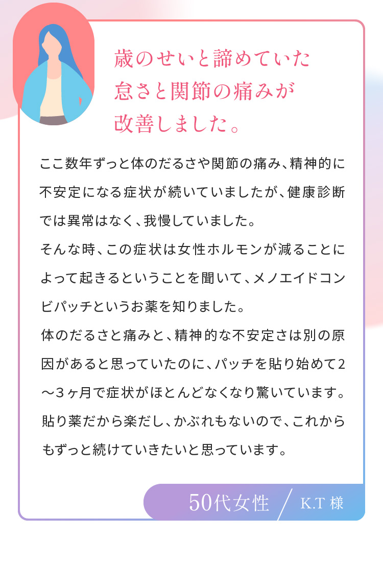 歳のせいと諦めていた怠さと関節の痛みが改善しました。50代女性K.T 様